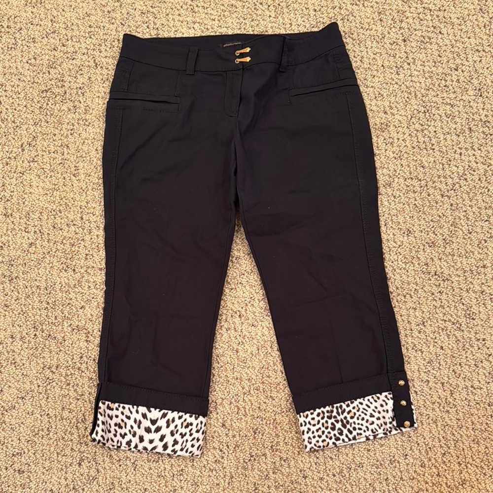 Roberto Cavalli Black Cropped Soft Denim Pants with Leopard Cuffs Size 48